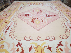 Large Turkish Kilim Carpet 10x14, Vintage Hand-Knotted Turkish Kilim Rug 10 x 14, Pink Cream Yellow Red, Decorative, Geometric, Unique
