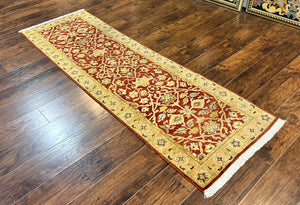 Pakistani Chobi Runner Rug 2.6 x 8, Pak Persian Oriental Rug for Hallway, Maroon Tan-Gold, Handmade Wool 8ft Runner for Hallway, Vintage Rug