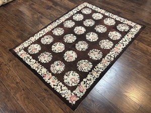 Floral Needlepoint Rug 5x7, Repeated Floral Motifs, Eggplant Color, Handmade Wool Vintage Needlepoint Area Rug 5 x 7 ft, Flatweave Rug