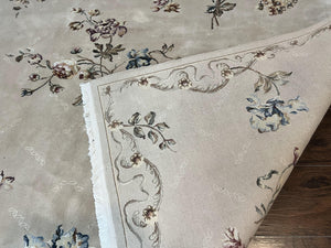 Chinese 120 Line Rug 8x10, Chinese Aubusson Wool & Silk Highlights Handmade Vintage Carpet, Beige Fine Weave Rug, Floral European Design
