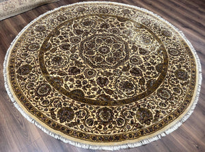 Round Indo Persian Rug 8x8 ft, Large Hand Knotted Vintage Wool Circular Carpet, 8ft Round Oriental Rug, Floral Medallion, Cream and Green
