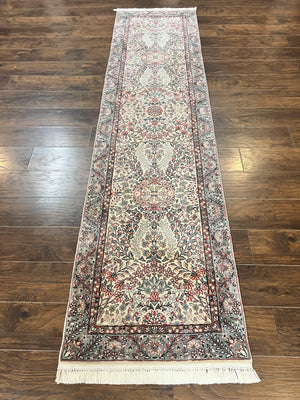 Sino Persian Runner Rug 2.7 x 10, Floral Kirman Lavar Carpet for Hallway, Cream, Handmade Wool Vintage Rug