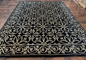 Tibetan Rug 8x10, Wool and Silk, Raised Pattern, Black and Gold, Floral
