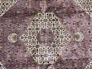 Indo Persian Bidjar Rug 8x10, Purple and Ivory Hand Knotted Wool Vintage Oriental Carpet, Herati Mahi Pattern, 8 x 10 Traditional Fine Rug