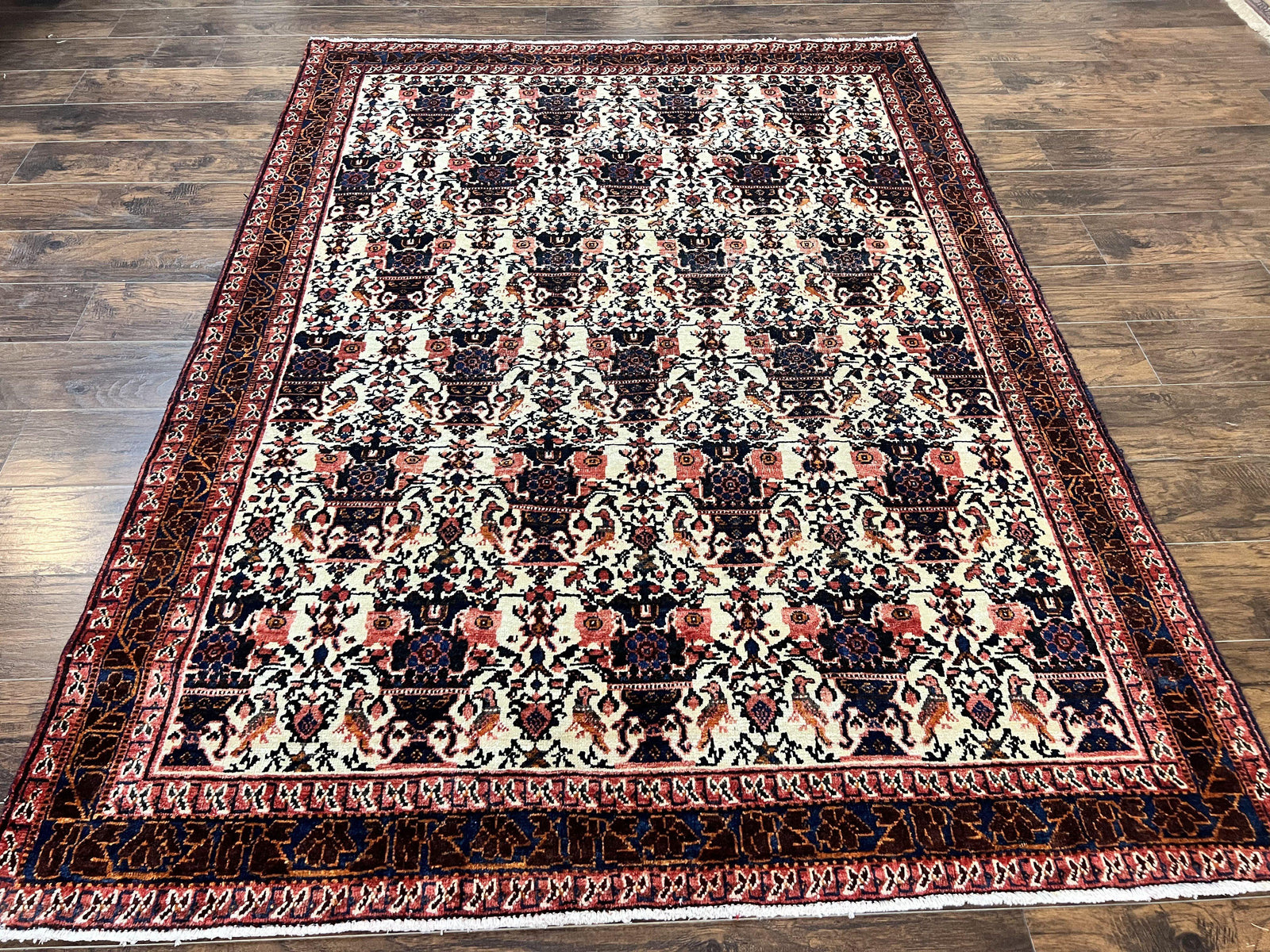 Persian Afshar Rug 6x8, Wool Hand Knotted Semi Antique Vintage Carpet, Floral Allover, Repeated Birds Flowers Vases Motifs