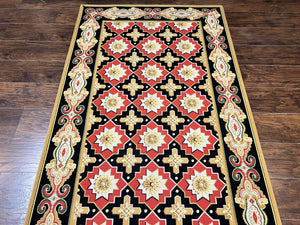 Runner Rug 4x19, Panel Design Rug, Custom Made Stark Runner Carpet, Wool, Vintage 4 x 19 Hallway Rug, European Design, Red Black Ivory Tan