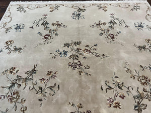 Chinese 120 Line Rug 8x10, Chinese Aubusson Wool & Silk Highlights Handmade Vintage Carpet, Beige Fine Weave Rug, Floral European Design