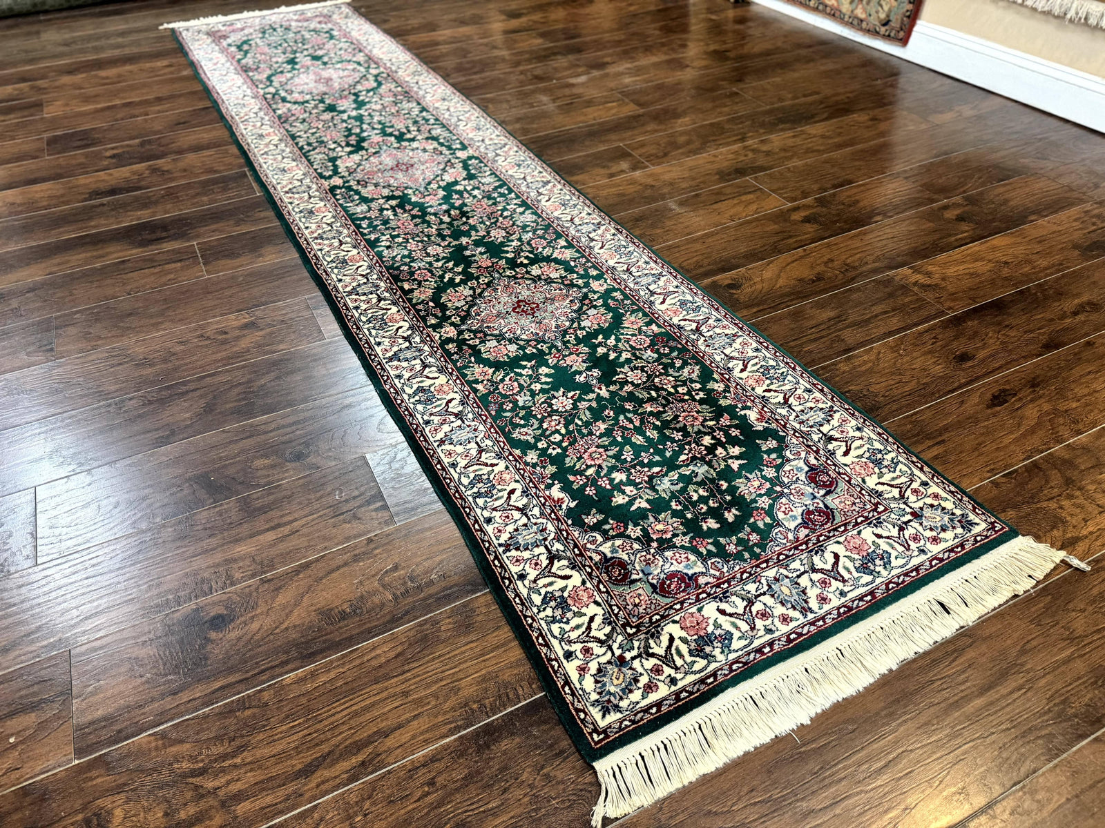 Sino Persian Runner Rug 2.7 x 12, Floral Allover, Dark Green, Vintage HandmadeOriental Carpet for Hallway, 12ft Runner, 200 KPSI