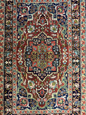 Antique Persian Tabriz Rug 3x5, Brick Red Navy Blue, Floral Medallion, Small Persian Carpet