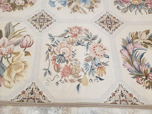 Needlepoint Rug 10x13 Vintage Carpet, Floral Panel Design, Beige, Multicolor Flowers, Handmade Hand Woven, Flatweave, No Pile, Wool