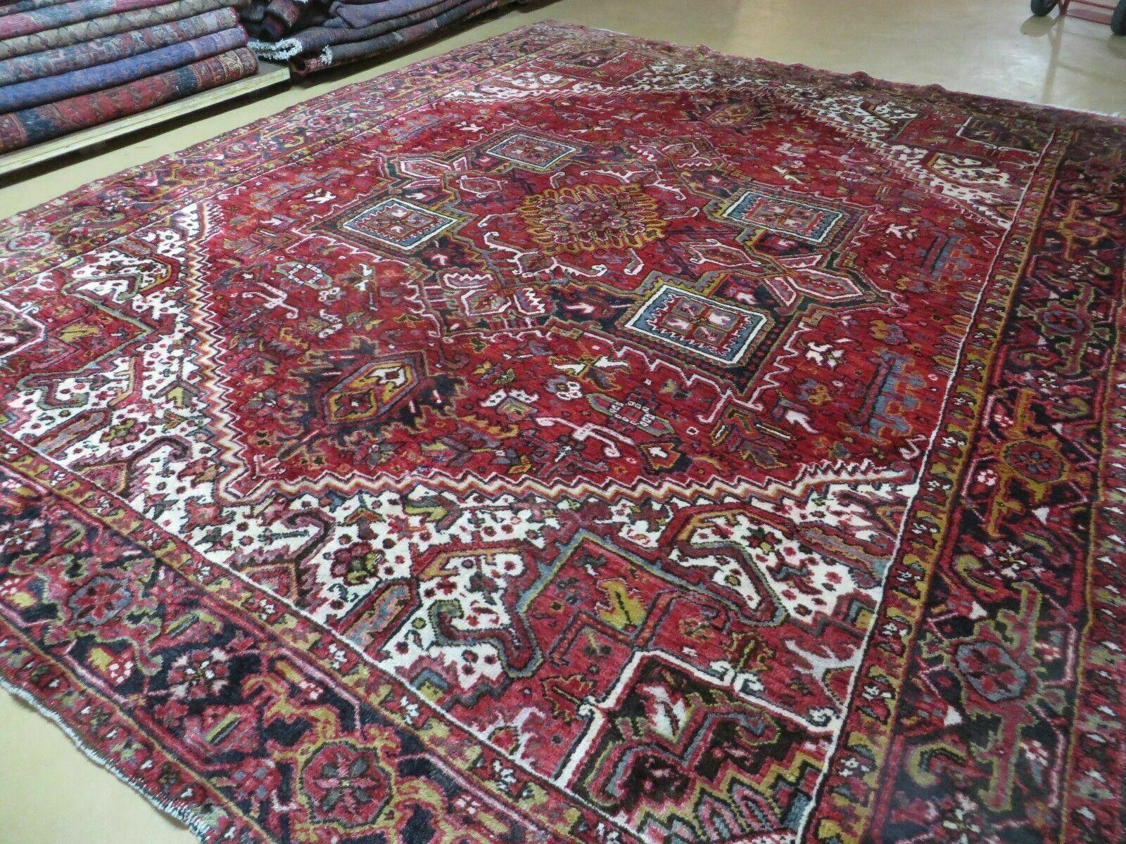 Heriz Rug 9x11, Geometric Persian Carpet Room Sized, Tribal Medallion Rug, Red Ivory Dark Blue Handmade Wool Rug for Living Room Dining Room
