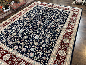 Indo Perisan Rug 9x12, Floral Allover, Midnight Blue and Dark Red Room Sized Carpet 9 x 12 ft, Hand Knotted Wool Vintage Indian Oriental Rug