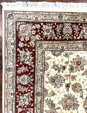 Pak Persian Rug 6x9, Floral Allover Carpet 6 x 9 ft, Cream and Maroon Hand Knotted Wool and Silk Fine Oriental Rug, Traditional Vintage Rug
