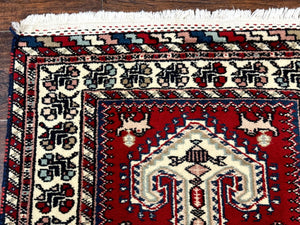 Indo Persian Runner Rug 2.6 x 12, Heriz Geometric Caucasian Design, Animal Pictorials, Tribal Runner Rug, Vintage Handmade Wool Red
