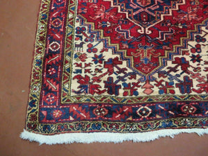 Persian Runner Rug, Heriz Runner Rug, Geometric Medallions, Red Cream Navy Blue Wool Hallway Rug 3.9 x 10.8 Antique Oriental Runner Handmade