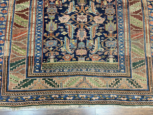 Caucasian Kalegy Rug 6x11, Wide Runner, Wool Hand Knotted Carpet, Navy Blue Tribal Rug, 1920s Antique Rug, 6 x 11 Oriental Carpet