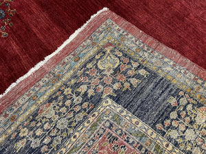 Large Persian Sarouk Rug 10x17, Open Field, Red and Navy Blue, Palace Sized Oversized Hand Knotted Wool Oriental Carpet Flowers Vases Antique 1920s