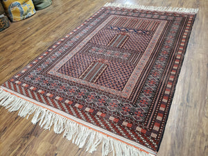 Vintage Turkoman Bokhara Rug 4x6, Four Seasons Pakistan Bukhara Turkmen Engsi Yamud Carpet, Fine Tribal Rug, Wool, Hand-Knotted, Brown, Nice