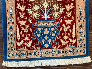 Small Persian Nain Rug, Persian Vase Tree of Life Design, Red and Blue, Very Fine 260 KPSI, Wool and Silk Highlights
