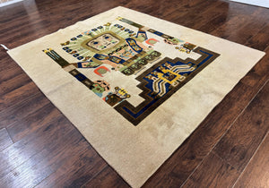 South American Rug 6x7, Unique Native American Design, Ivory, Ecuador Rug, Handmade Wool
