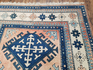 Turkish Kazak Rug 5x8 ft, Bold Geometric Bohemian Carpet, Blue and Ivory Hand Knotted Area Rug, Medium Sized High Quality Wool Oriental Rug