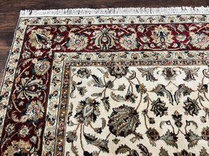 Indo Persian Rug 8x10, Wool Hand Knotted Vintage Carpet, Ivory Maroon, 8 x 10 Traditional Oriental Rug, Floral Allover Rug