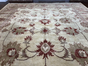 Large Peshawar Rug 11x14, Vintage Beige Chobi Carpet, Allover Floral Design, Hand Knotted, Wool, Room Sized Rug for Living Room Dining Room