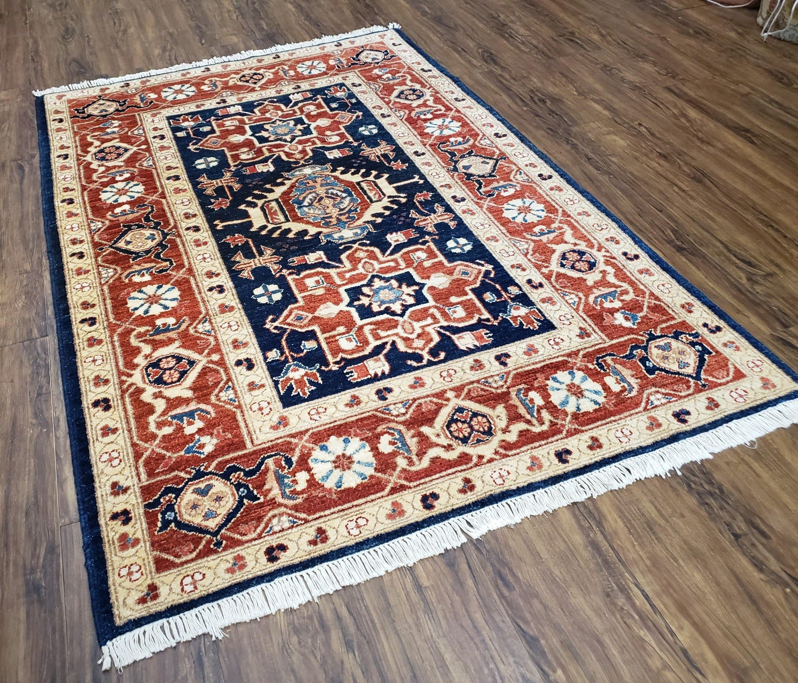 Vintage Turkish Area Rug 4x6, Wool Hand-Knotted, Red & Dark Blue Turkish Persian Pattern Oriental Carpet, 4 x 6 Decorative 1960s Foyer Rug