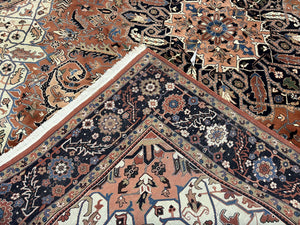 Indo Persian Heriz Rug 9x12, Geometric Medallion, Vintage Oriental Carpet, Handmade Room Sized Wool Heriz Serapi Rug, Red Navy Blue Cream