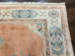 Turkish Oushak Rug 9x12, Wool Hand Knotted Vintage Carpet, Peach Cream Light Blue Room Sized Oriental Rug