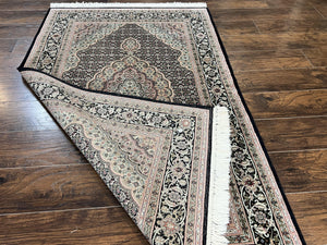 Sino Persian Rug 4x6, Fine Hand Knotted Carpet, Black, Wool, Vintage Rug 4 x 6, Herati Mahi, 300 KPSI