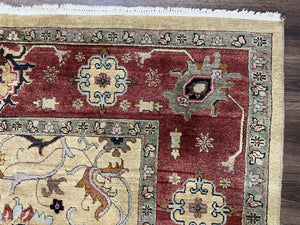 Indo Persian Mahal Rug 8x12, Wool Hand Knotted Oriental Carpet, Light Gold and Burgundy, Floral Allover, Vintage Room Sized Area Rug 8 x 12