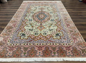Wonderful Persian Tabriz Rug 7x10, Very Fine 330 KPSI, Light Green Light Blue Pink, Kork Wool Silk Foundation, Bird Pictorials
