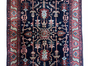 4x6 Vintage Handmade Wool Geometric Rug Organic Dyes Blue Red Hand-Knotted Rug