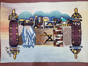 Vintage Judaica Pictorial Rug 3x5, Wool Hand-Tufted Israeli Signed Rug, Jerusalem Rug, Star of David Torah Scroll Verses, Chanuka Gift