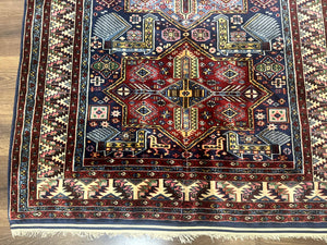 Indian Rug with Caucasian Design, 4x6 Geometric Carpet, Navy Blue and Cream