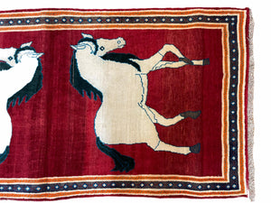 3.5 X 6 Handmade Hand-Knotted New Vintage Rug Quality Wool White Horses Red