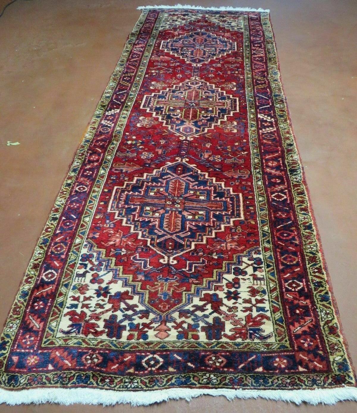Persian Runner Rug, Heriz Runner Rug, Geometric Medallions, Red Cream Navy Blue Wool Hallway Rug 3.9 x 10.8 Antique Oriental Runner Handmade