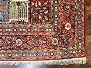 Persian Qum Rug 9x13, Multicolor Panel Design, Red Blue Cream, Hand Knotted Vintage Large Wool Rug