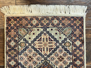 Small Indo Persian Rug 1.5 x 2, Hand Knotted Oriental Carpet, Wool Vintage Handmade, Cream Multicolor, Panel Design