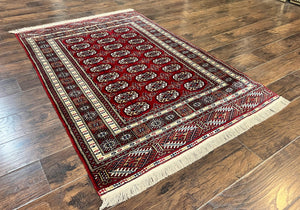 Pakistani Bokhara Rug 4x6, Red Turkoman Carpet, Finely Hand Knotted, Wool Vintage Rug