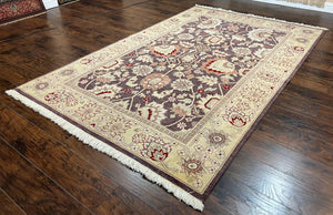 Vintage Indo Mahal Area Rug 6x9, Indian Persian Oriental Carpet 6 x 9, Puce Eggplant Tan Beige Rug, Hand-Knotted, Large Floral Design Wool