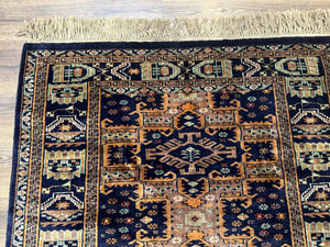 Vintage Afghan Rug 4x6, Navy Blue and Light Brown, Geometric Medallions, Wool on Wool, Tribal Rug