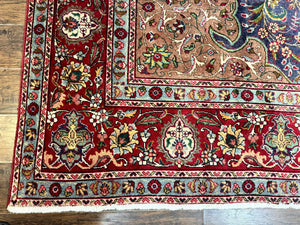Wonderful Persian Tabriz Rug 10x14, Antique Persian Carpet, Handmade Wool Rug, Floral Medallion, Red Navy Blue, Colorful, Large Persian Area Rug
