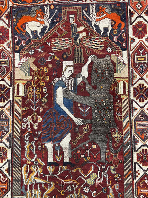 Antique Persian Shiraz Pictorial Rug 3.6 x 5, Persian Tribal Rug, Handmade, Lions, Highly Unique Collectible Small Persian Carpet, Maroon, Wool