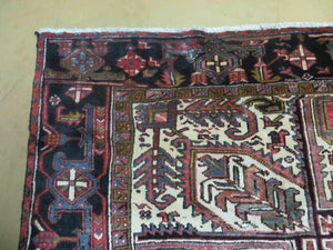 Persian Heriz Rug 8x12 Semi Antique Heriz Carpet, Room Sized Persian Carpet, Geometric Medallion, Wool, Hand Knotted, Red Ivory Dark Blue