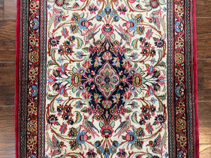 Wonderful Persian Qum Runner Rug 2.8 x 10 ft, Floral Medallions with Bird Motifs, Hand Knotted Wool Fine Oriental 10ft Hallway Runner, Cream Red