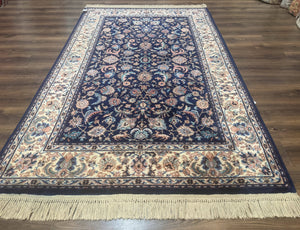 Karastan Rug #747, Indigo Tabriz 5.9 x 9, Wool Carpet Original 700 Series, Vintage Area Rug Allover Floral, Discontinued, Navy Blue Ivory