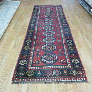 3' 3" X 10' Hand-Knotted Antique Handmade Caucasian Kazak Wool Runner Rug