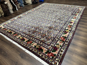 Persian Kurdish Rug 8x11, Repeated Allover Boteh Paisley Design, Bird Pictorials, Rare Antique Sannadaji Carpet